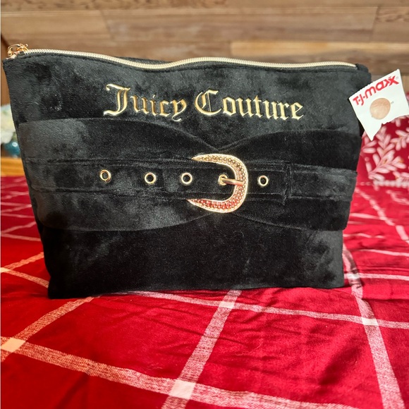 Other - Juicy Couture Black Velvet Cosmetic Bag w/ Rhinestone Belt & Pink Lining.